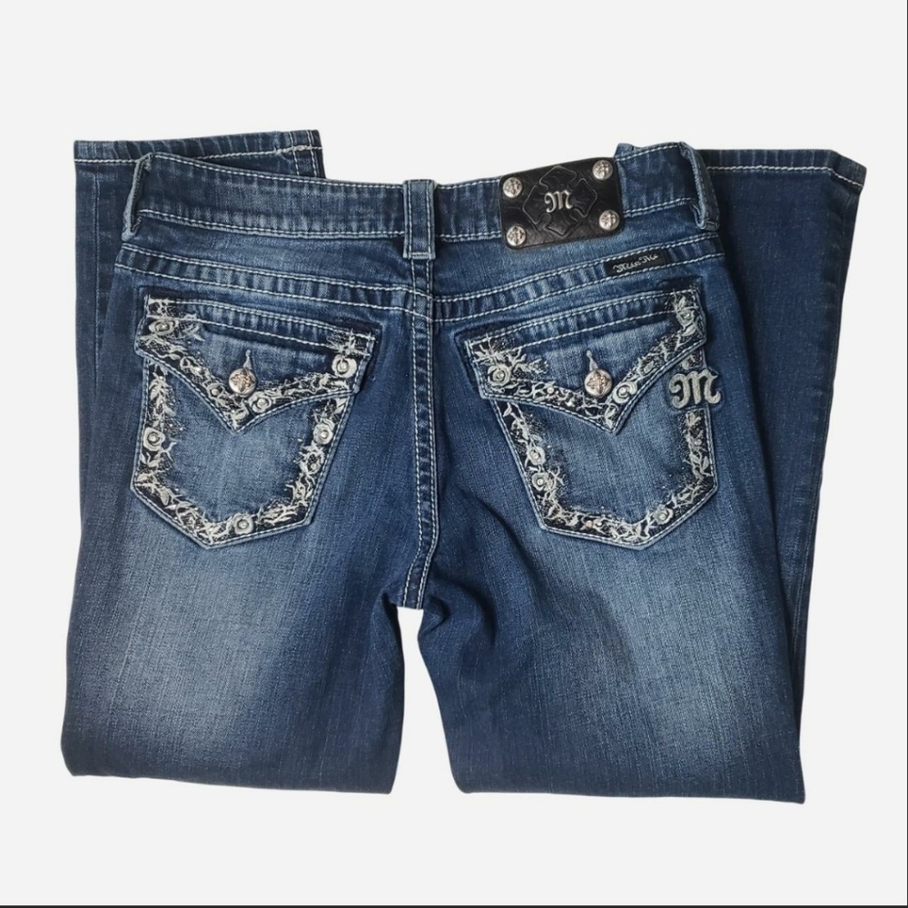 *sold**Miss Me Dark Blue Boyfriend Capri denim Jeans with Silver Embellishments